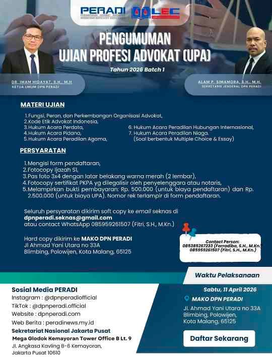 PERADI Buka Pendaftaran Ujian Profesi Advokat Tahun 2026